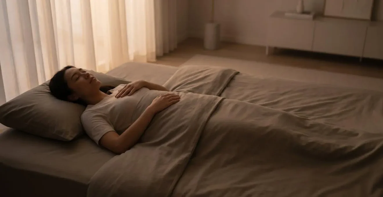 Person practicing 4-7-8 breathing technique in bedroom setting