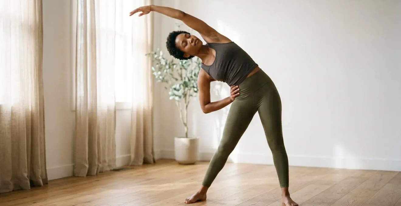 Person performing mindful stretching exercises with focus on body awareness