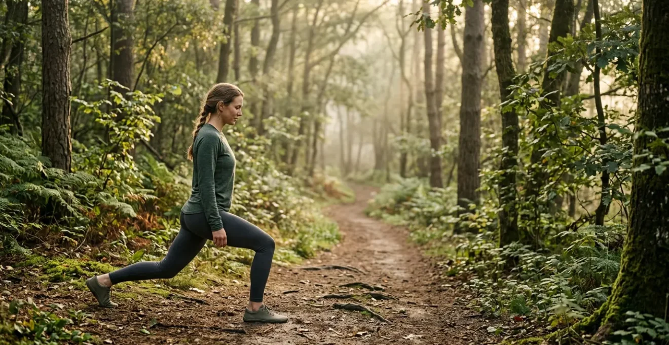 Person performing gentle stretching exercises in natural outdoor setting during recovery day