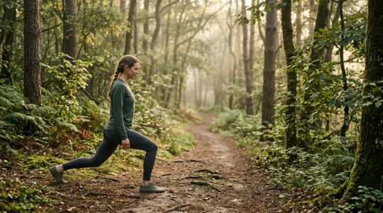 Person performing gentle stretching exercises in natural outdoor setting during recovery day