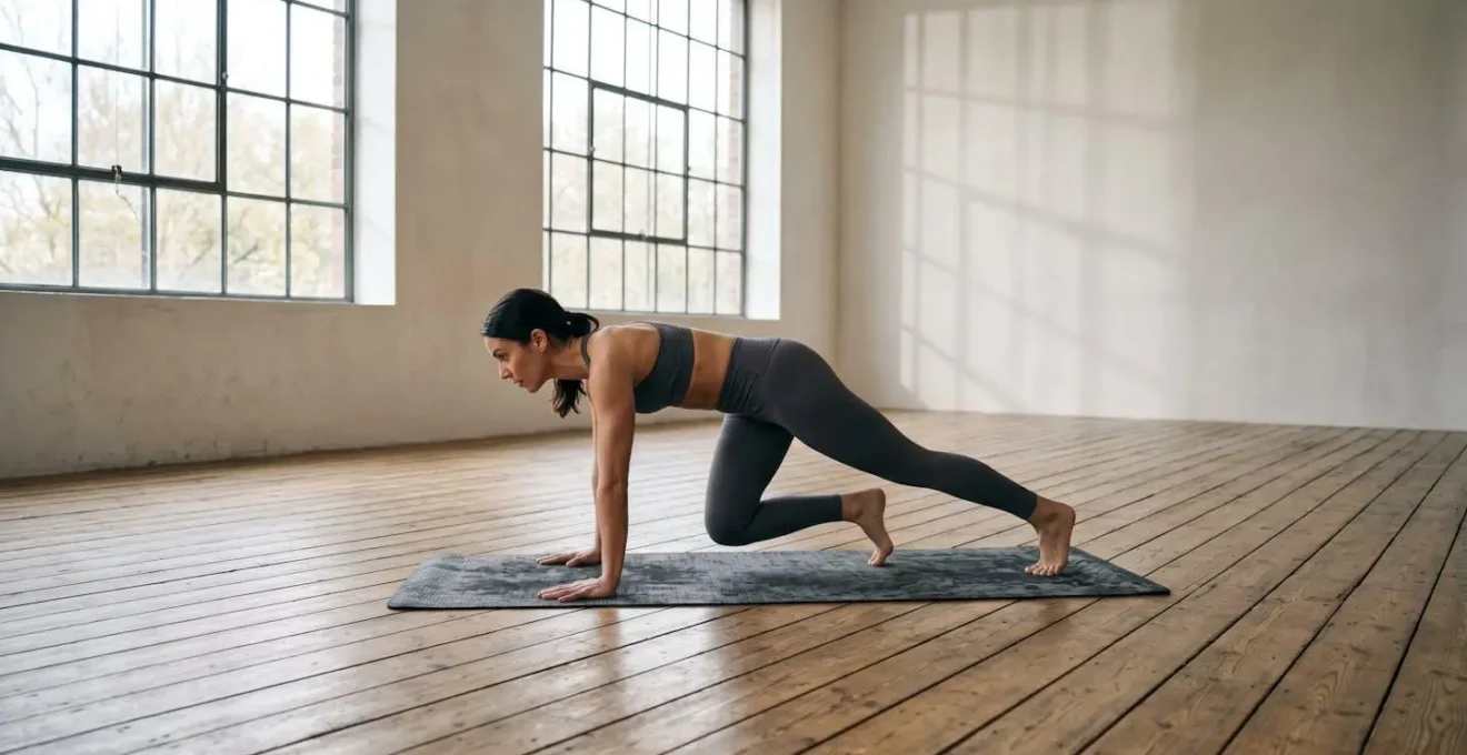 Adult performing crawling exercise on mat showing full body coordination