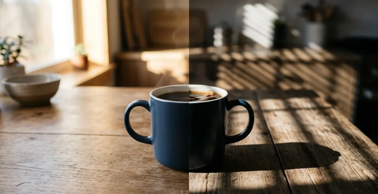 Person at wooden table with coffee cup showing contrast between calm and anxious states