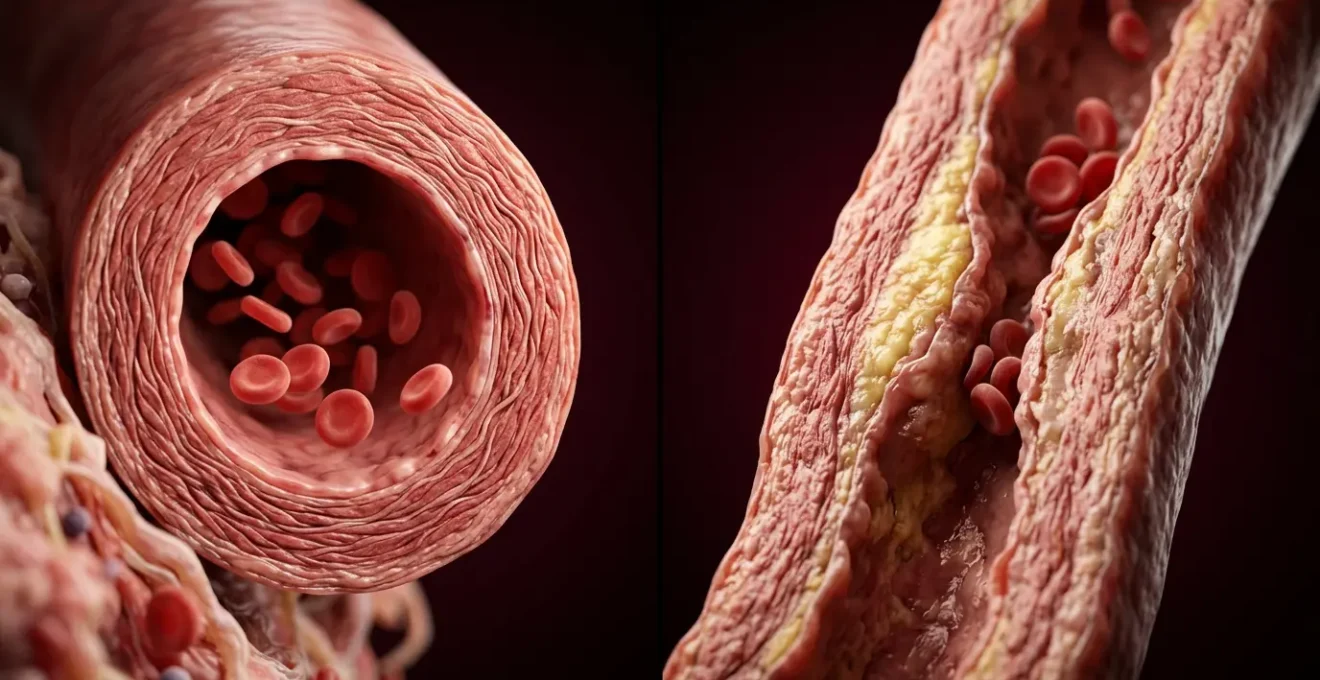 Cross-sectional view comparing healthy flexible arteries with stiffened aging arteries