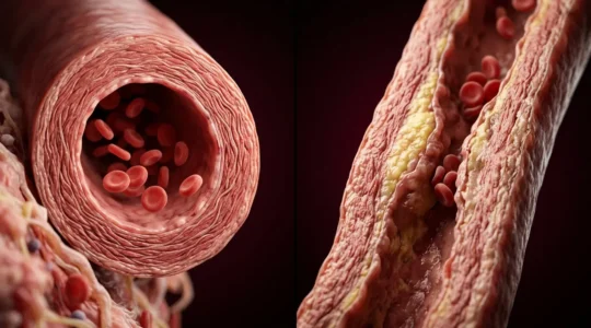 Cross-sectional view comparing healthy flexible arteries with stiffened aging arteries