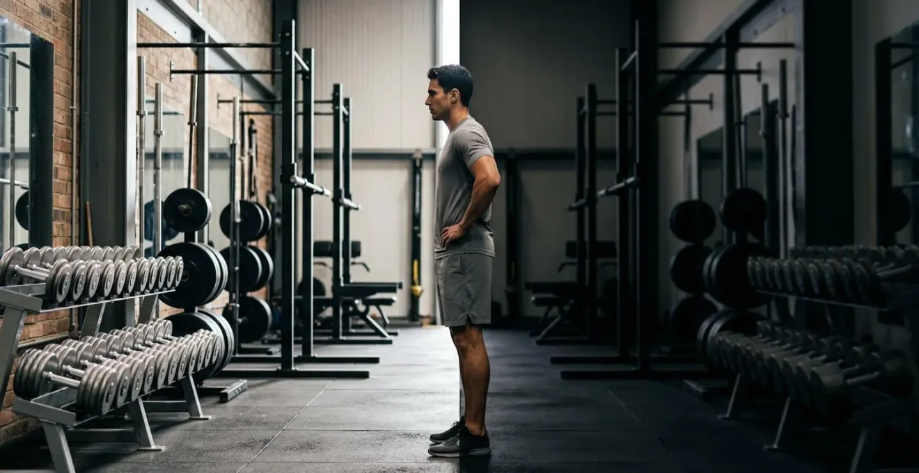 An athlete in a gym stands at the threshold of light and shadow, contemplating their workout based on their internal readiness, symbolizing the choice between intense training and recovery.