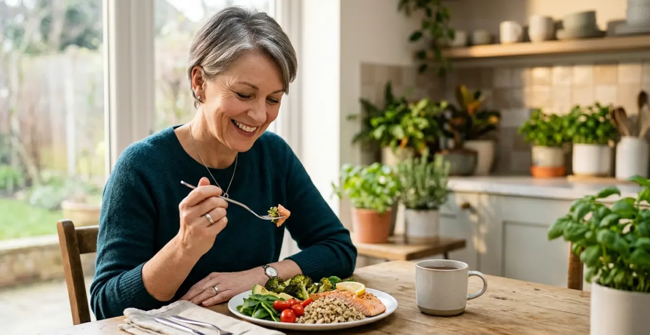 Person practicing mindful eating with healthy foods arranged in a clock pattern showing intermittent fasting window