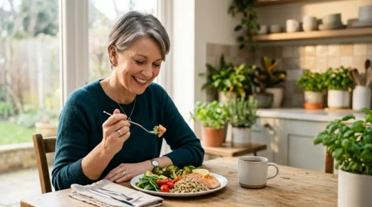 Person practicing mindful eating with healthy foods arranged in a clock pattern showing intermittent fasting window