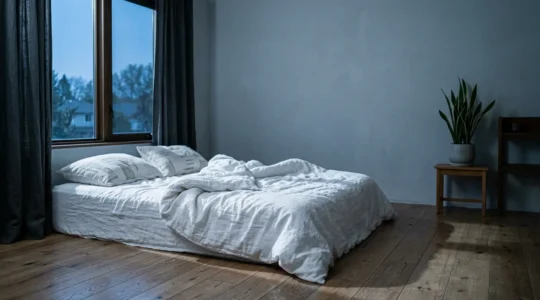 Serene bedroom interior designed for optimal sleep with natural lighting and minimal design elements