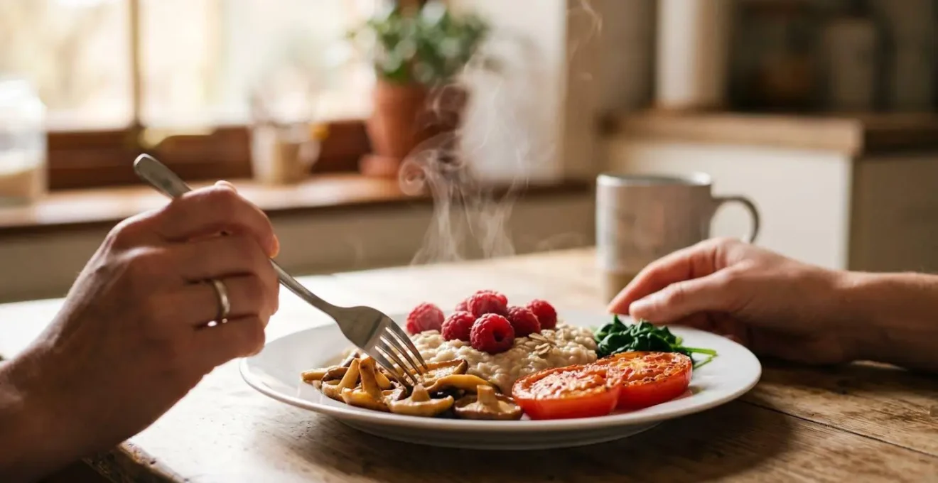 Traditional British breakfast reimagined with oats and shiitake mushrooms