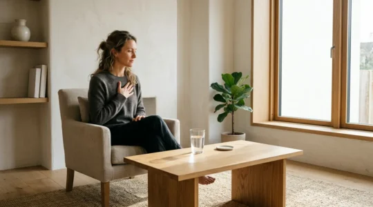 Person examining subtle body signals in peaceful environment