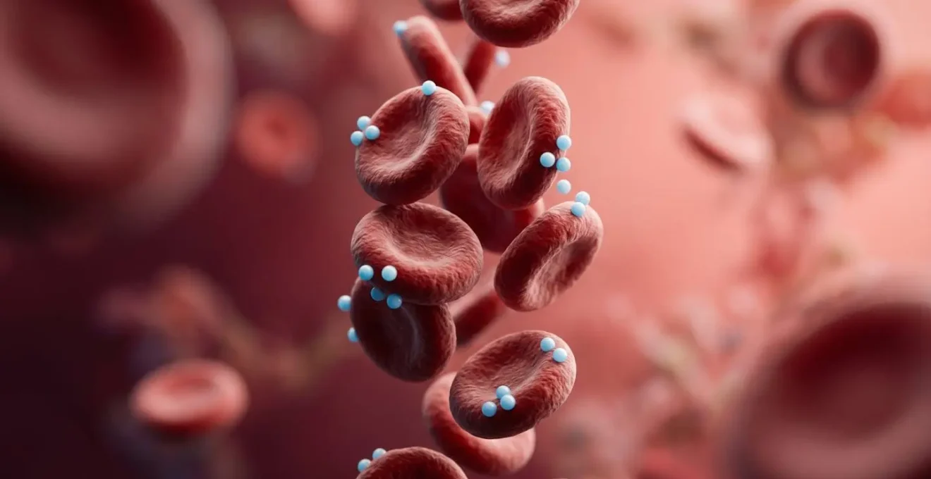 Abstract visualization of oxygen molecules binding to hemoglobin