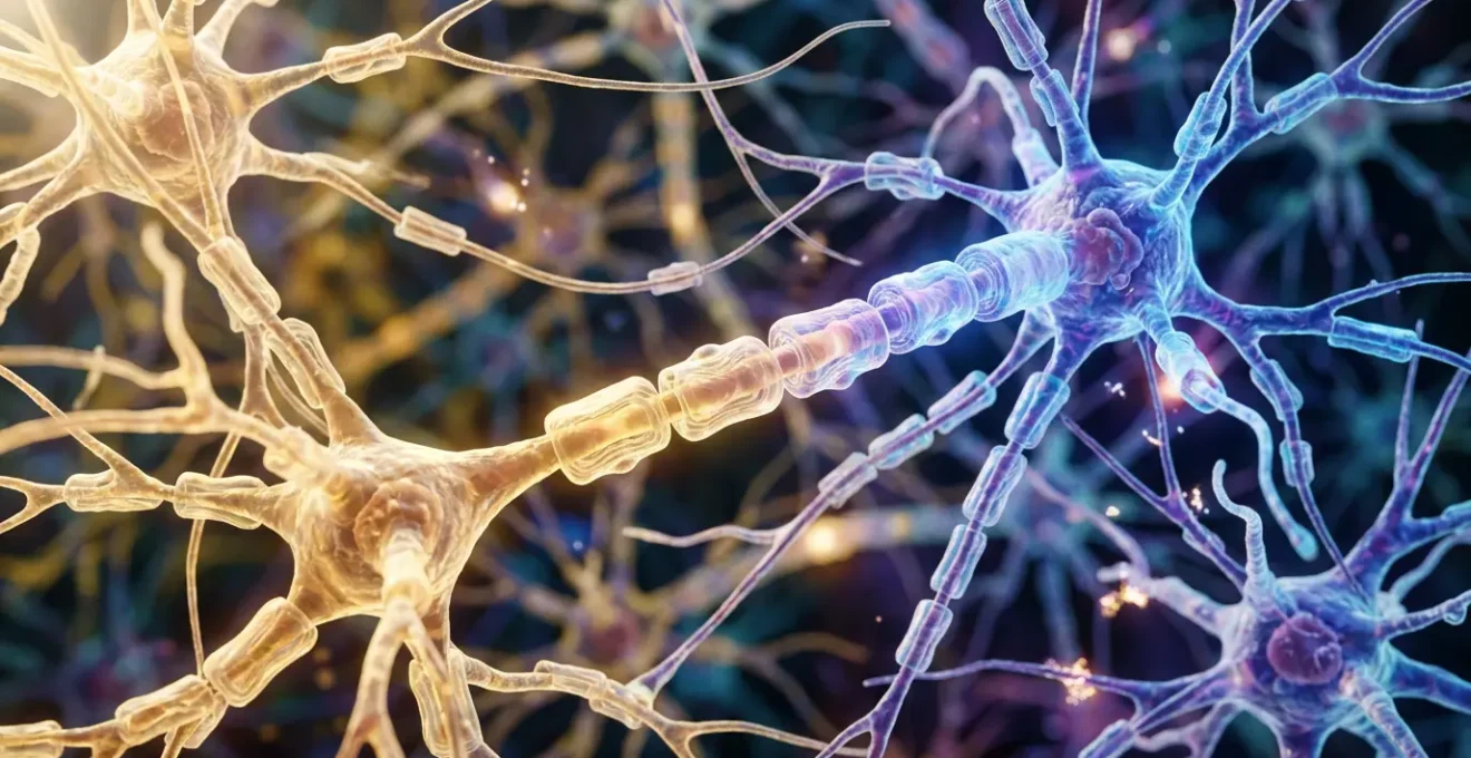 Detailed view of brain neurons with visible myelin sheaths composed of healthy fats and neural connections