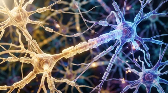 Detailed view of brain neurons with visible myelin sheaths composed of healthy fats and neural connections