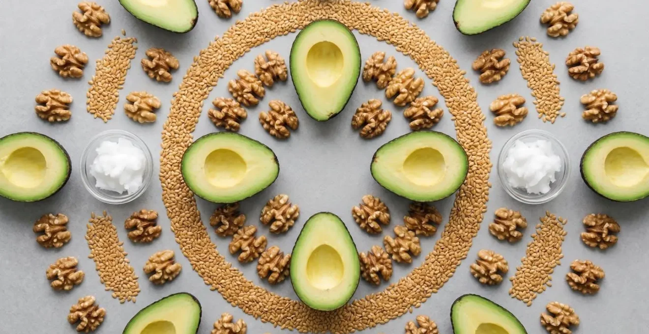 Abstract representation of healthy fats supporting hormonal balance through colorful molecular structures