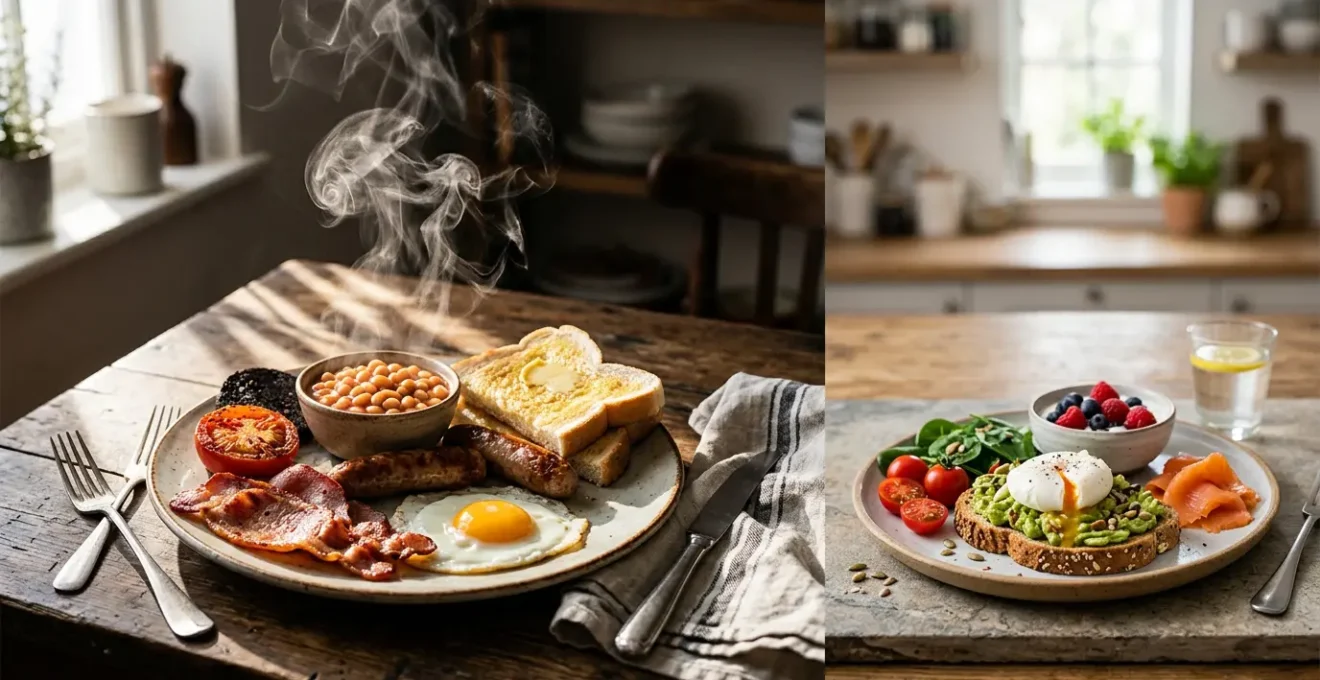 A sophisticated breakfast scene showing British breakfast items with visual metaphors for glycemic impact