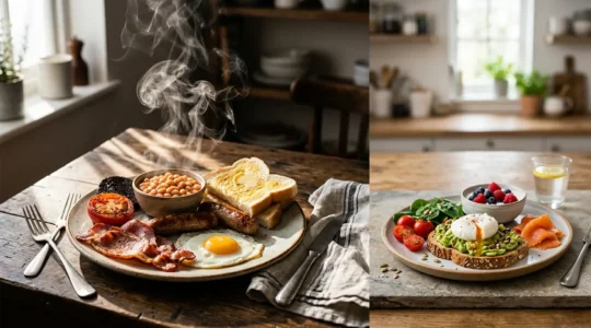 A sophisticated breakfast scene showing British breakfast items with visual metaphors for glycemic impact