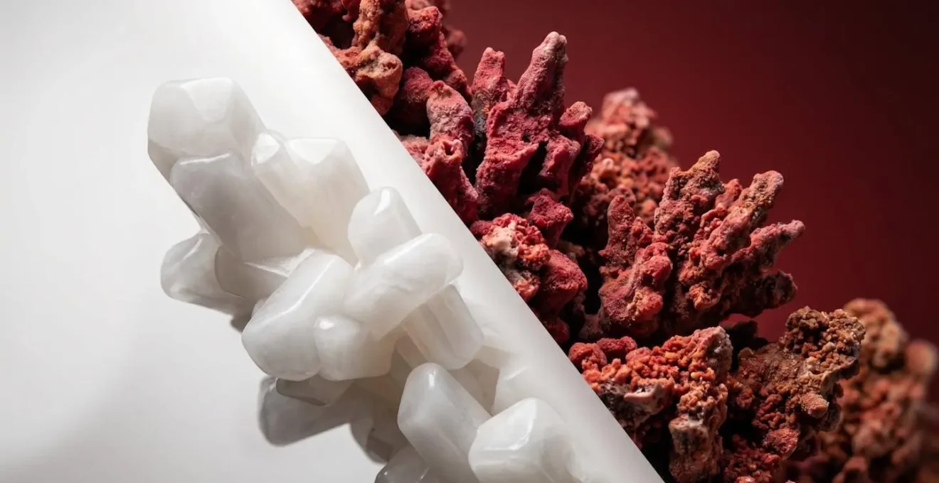 Visual comparison of calcium distribution in arteries versus bones, showing smooth deposits in bone and rough calcification in arteries.