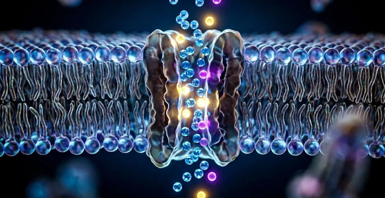 Microscopic view of water molecules passing through cell membranes with electrolytes