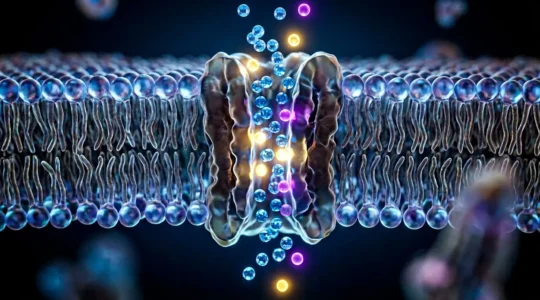 Microscopic view of water molecules passing through cell membranes with electrolytes