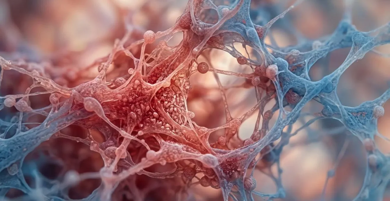 An abstract macro view of cellular tissue, with warm reddish tones suggesting inflammation contrasting with cooler blue areas representing healthy tissue.