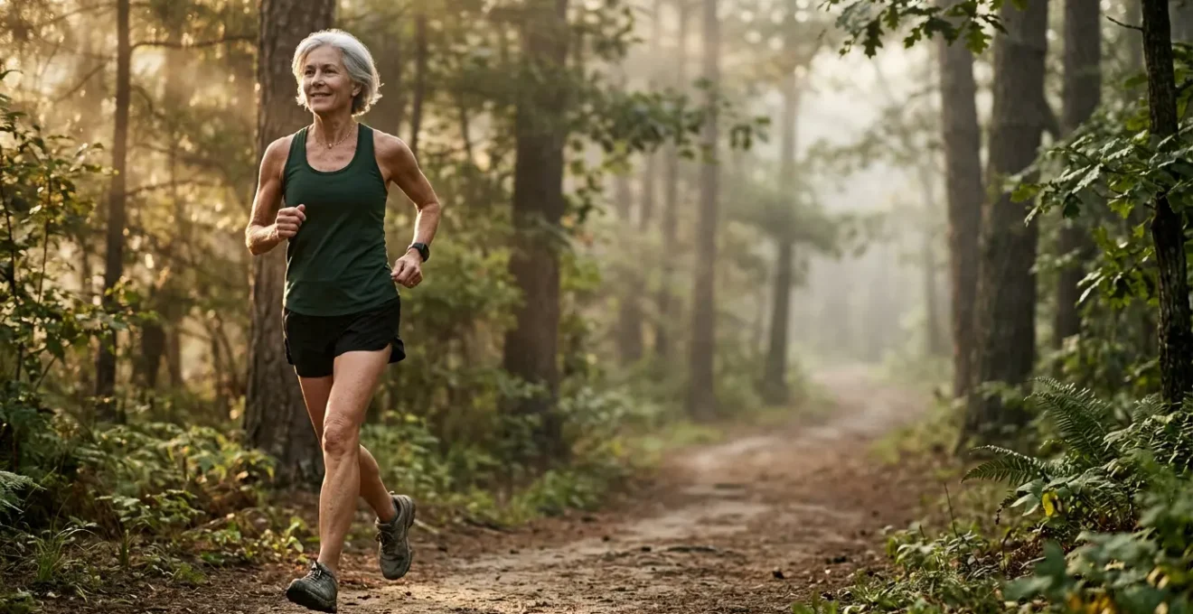 An elderly athlete in their 70s jogging slowly on a misty morning trail surrounded by nature, demonstrating zone 2 endurance training