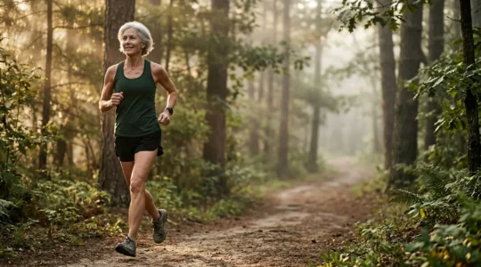 An elderly athlete in their 70s jogging slowly on a misty morning trail surrounded by nature, demonstrating zone 2 endurance training