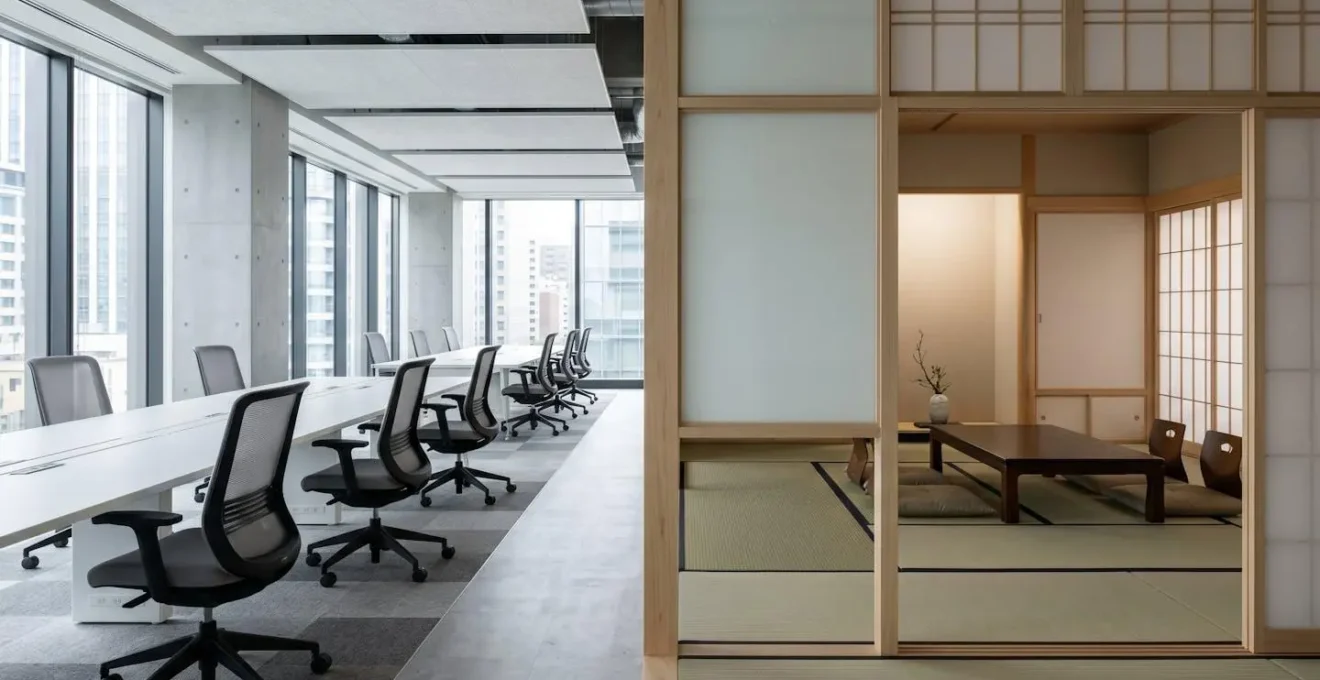 Split view showing contrast between traditional floor sitting and modern chair use