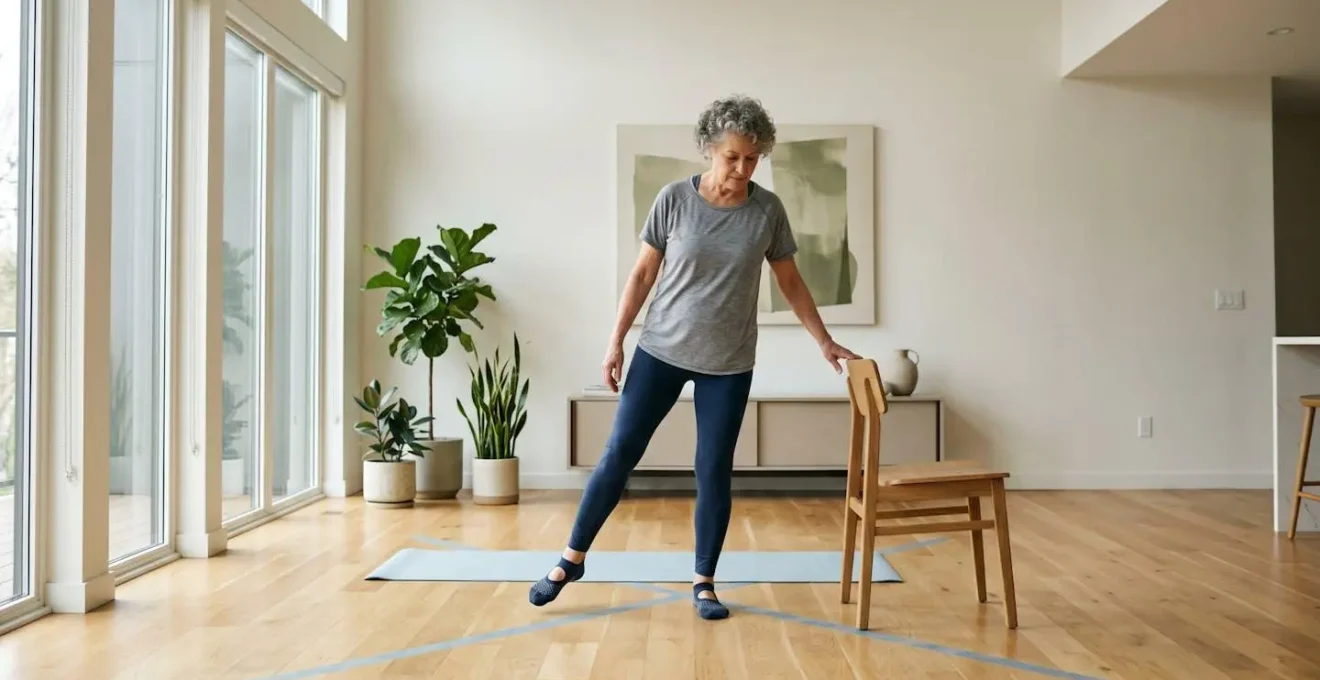 Senior practicing multi-directional stepping exercise in a safe home environment