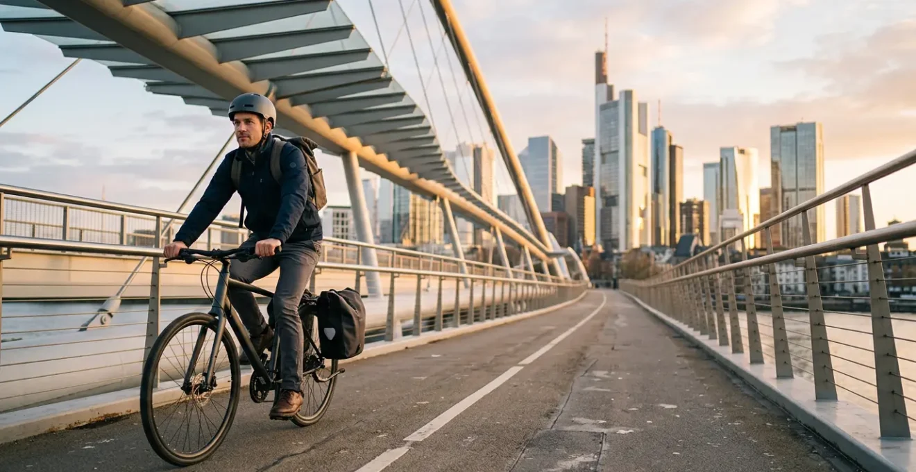 Professional commuter cycling across urban bridge at golden hour with city skyline backdrop