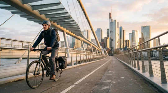 Professional commuter cycling across urban bridge at golden hour with city skyline backdrop