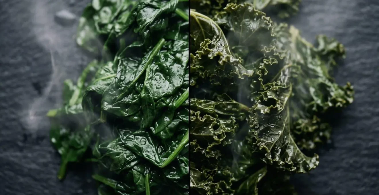 Macro shot of cooked spinach and kale leaves showing texture differences