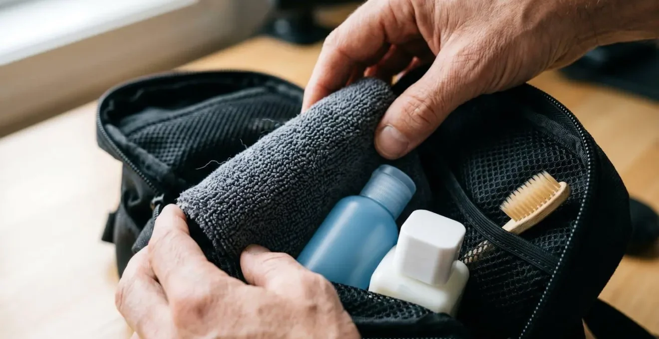 Close-up of hands organizing travel-sized hygiene products in a bike bag