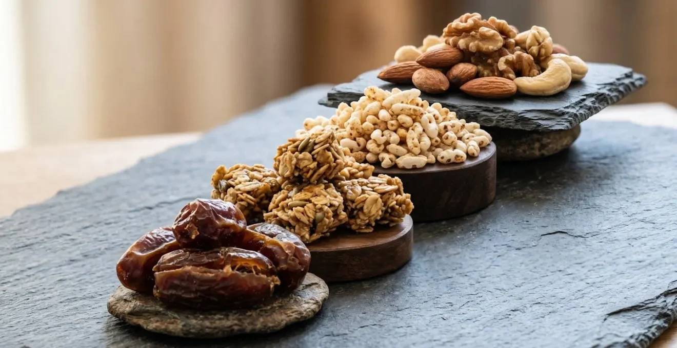 Macro photography showing various snack bar ingredients like dates, oats, and rice puffs arranged separately with visual density differences to represent glycemic impact.