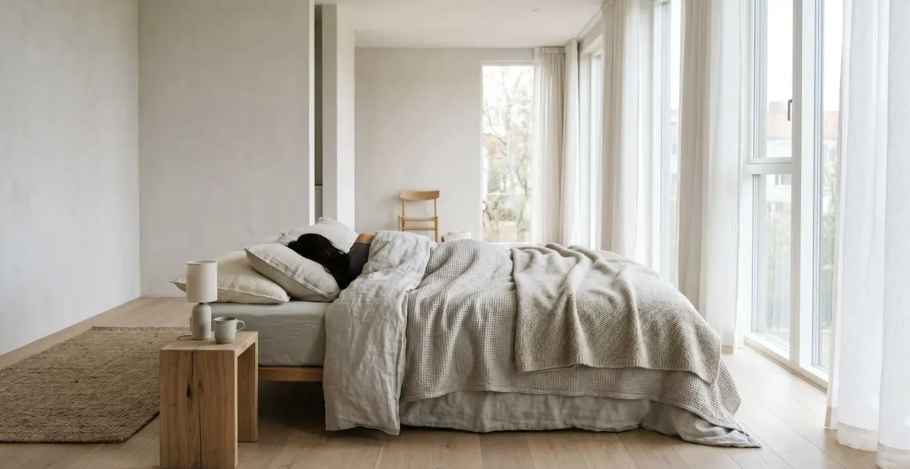Wide shot of person resting peacefully in minimalist bedroom with soft textured layers