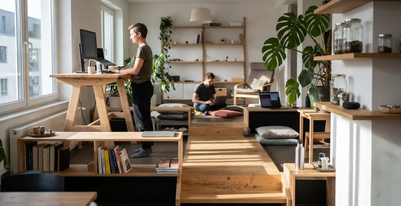Home office layout designed to encourage movement with distributed work zones