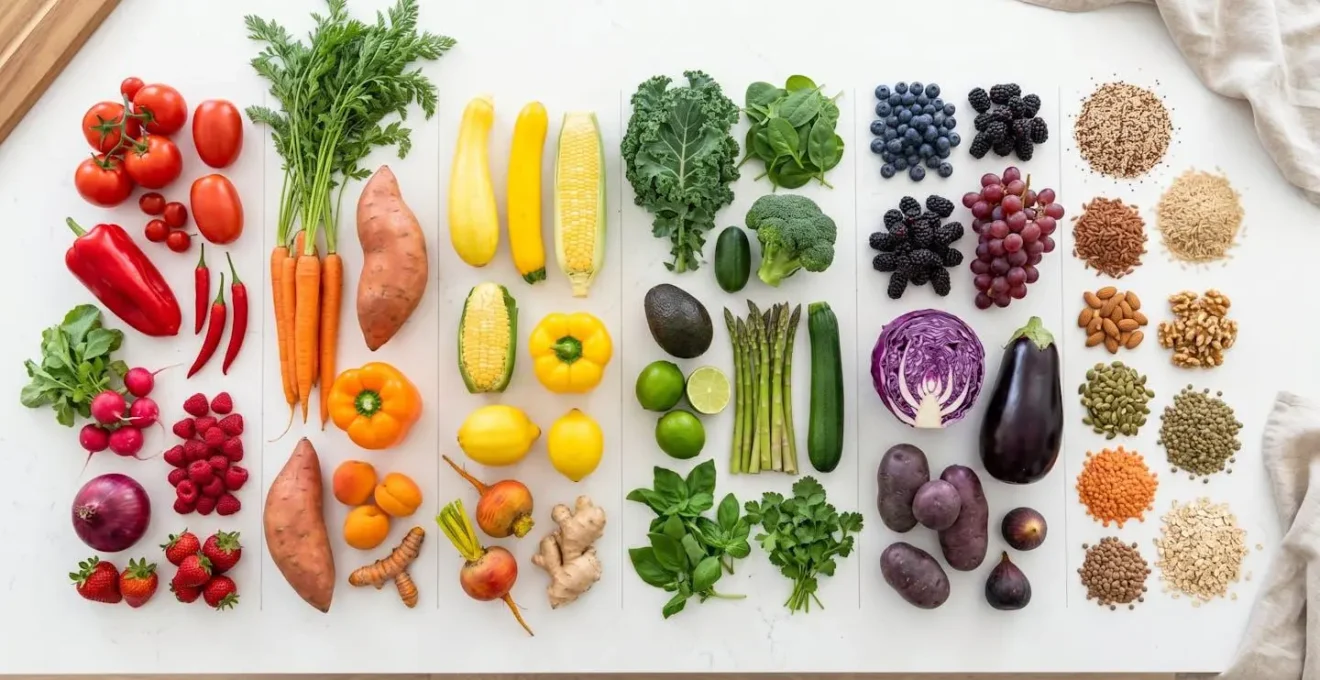 Overhead view of 30 different colorful plant foods arranged on kitchen counter