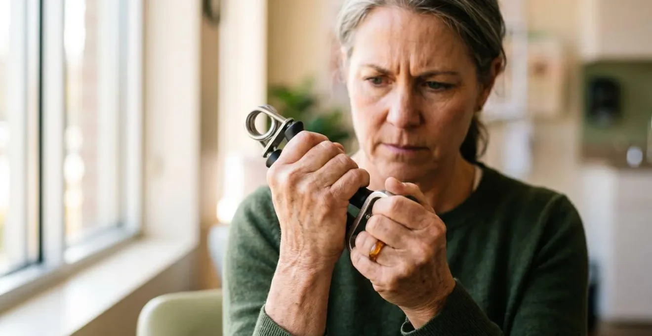 Person checking grip strength with dynamometer in bright medical setting
