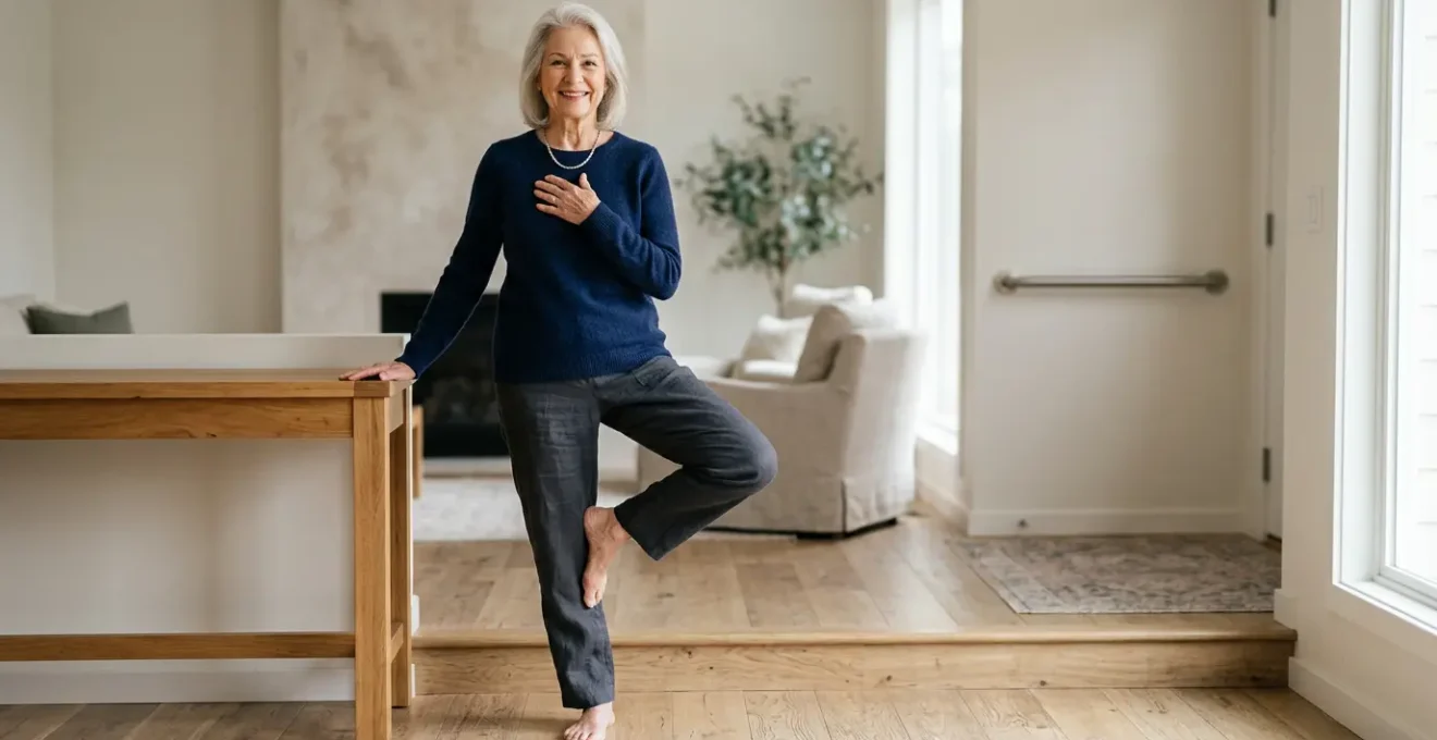 Older adult demonstrating confident balance and stability in a home environment with safety features