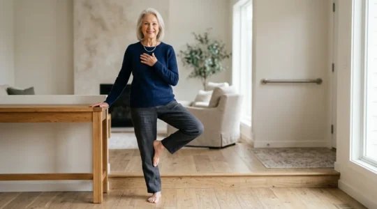 Older adult demonstrating confident balance and stability in a home environment with safety features
