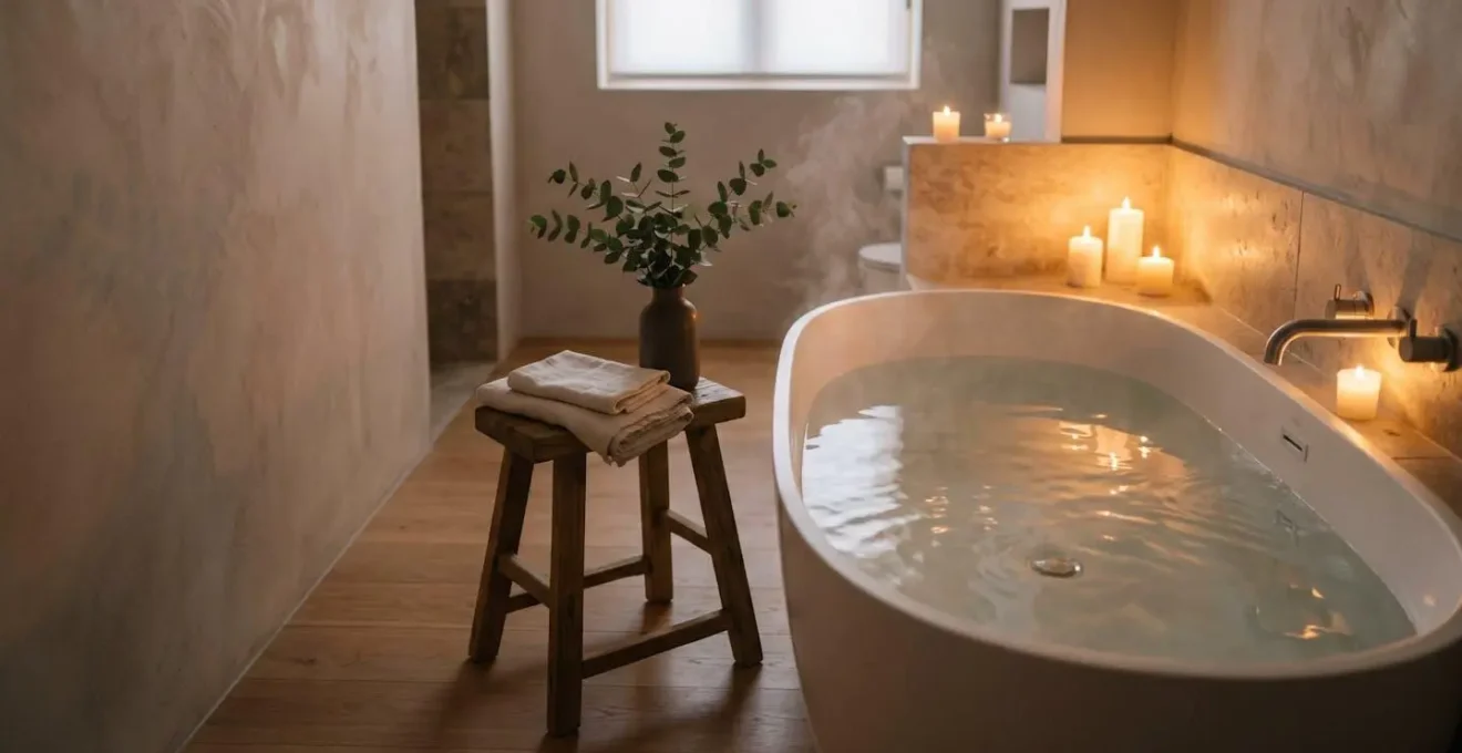 Peaceful bathroom scene with warm bath and soft lighting creating calming atmosphere