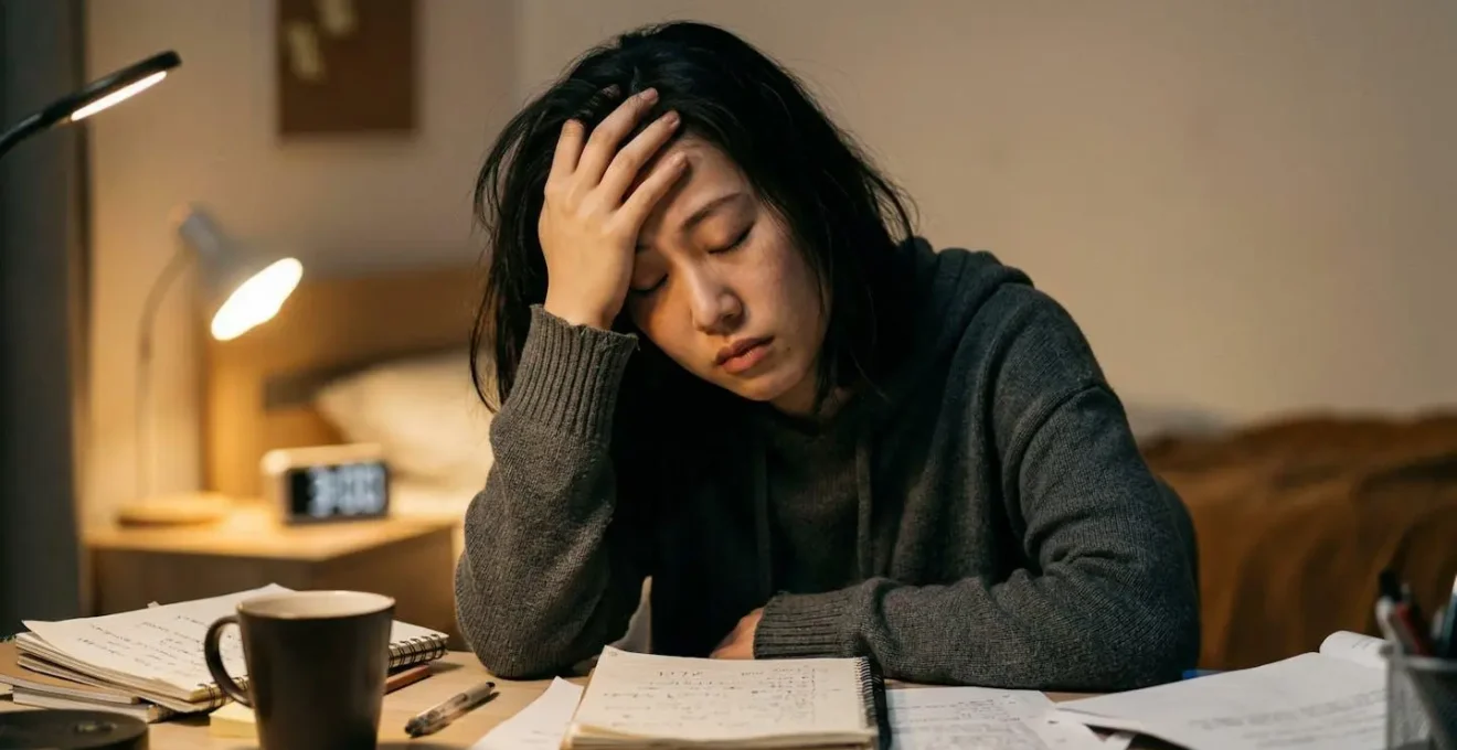 Student experiencing cognitive exhaustion during late-night study session