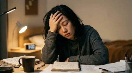 Student experiencing cognitive exhaustion during late-night study session
