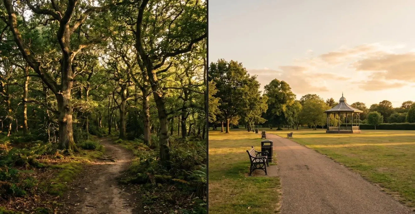 Split scene comparing New Forest ancient woodland with urban UK park
