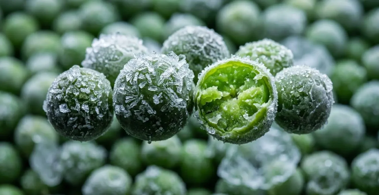 Macro shot of flash-frozen green peas showing ice crystals preserving nutrients
