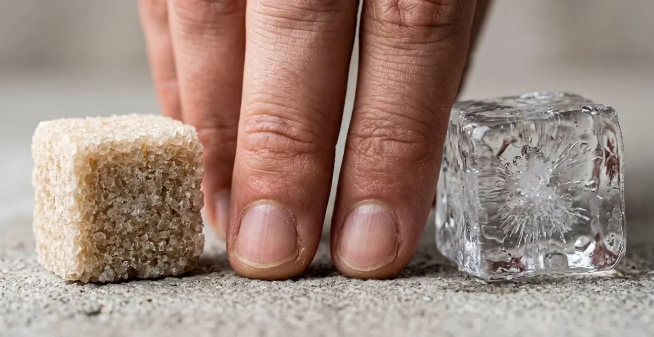 Hand holding sugar cube next to ice cube showing the contrast between glucose and grounding techniques