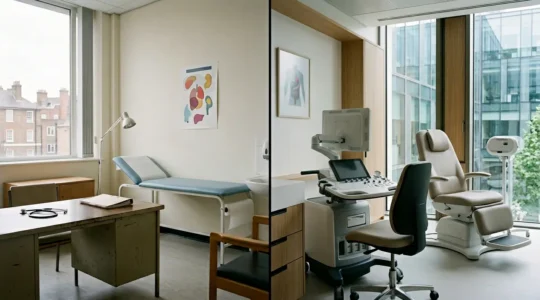 Doctor consultation room with screening test results and digital health monitoring devices