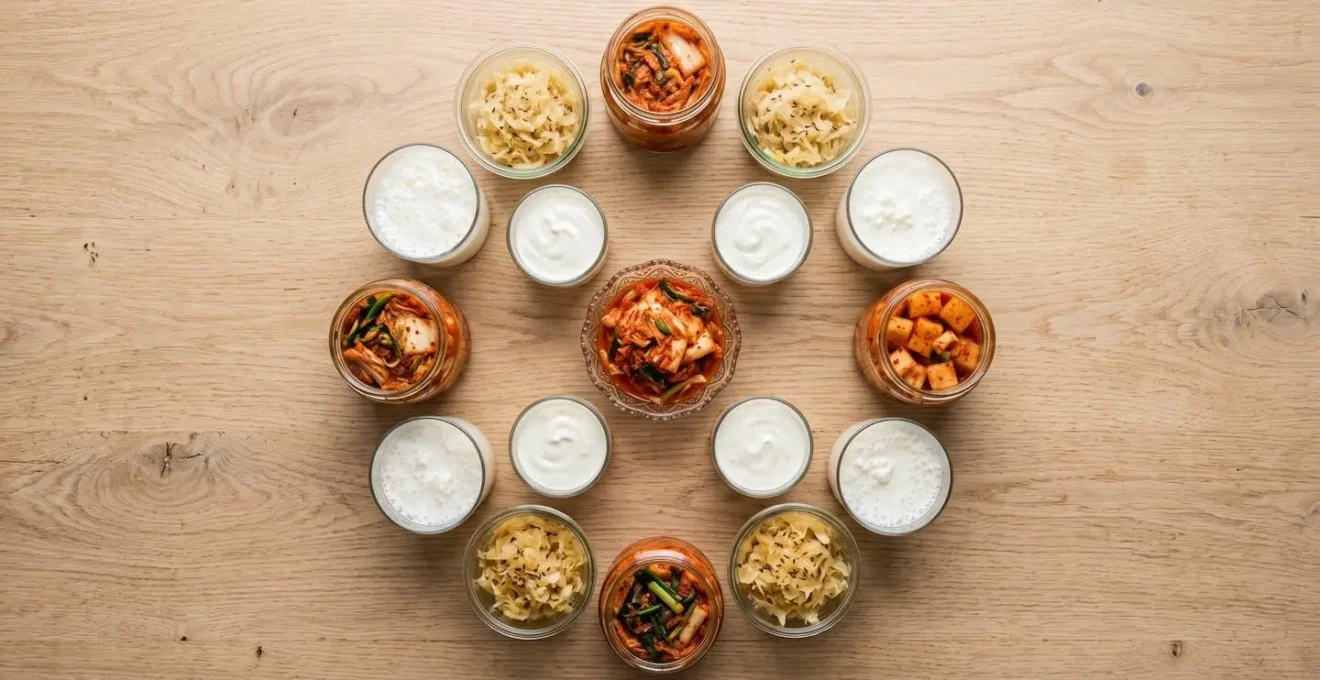 Colorful fermented foods arranged in a circular pattern suggesting the gut-brain connection
