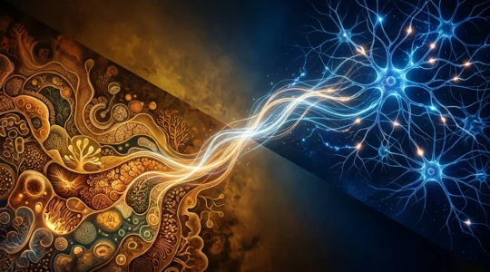 Conceptual representation of gut-brain axis showing digestive health and mental wellness connection