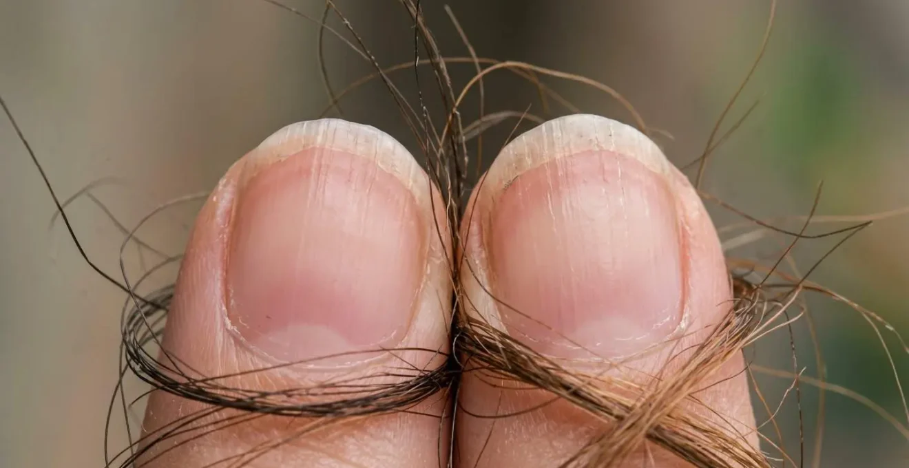 Extreme close-up of nail and hair texture showing health variations