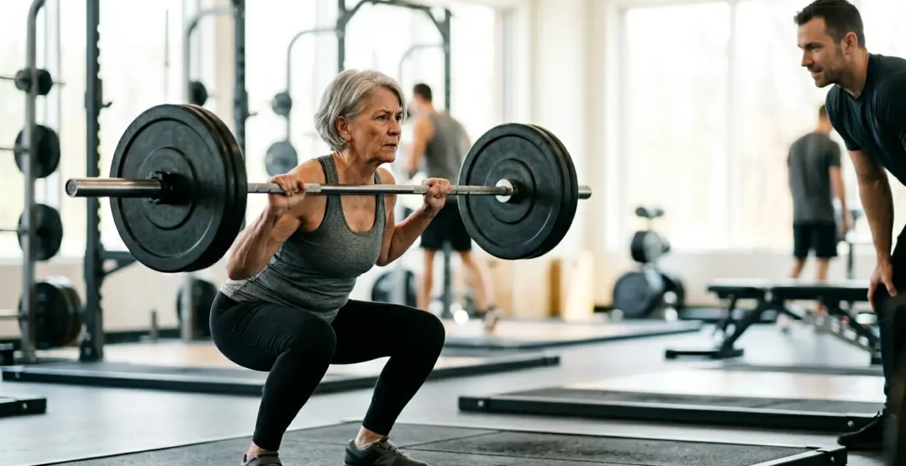 Senior adult performing controlled barbell squat with professional supervision in modern gym setting